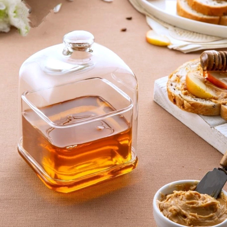 بانکه ظرف شیشه ای و تنقلات خوری عسل خوری مربع، هرمی و دایره دو سایز یک عددی