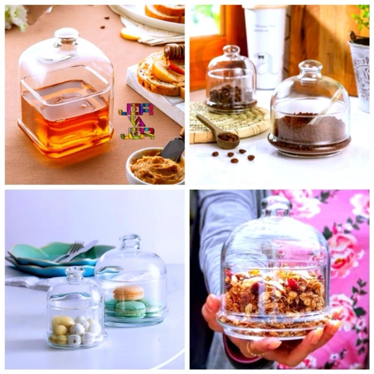 بانکه ظرف شیشه ای و تنقلات خوری عسل خوری مربع، هرمی و دایره دو سایز یک عددی