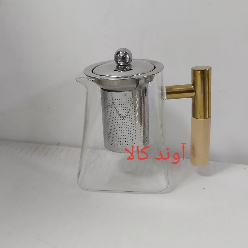 قوری شعله مستقیم اروپایی دسته استیل و چوب صافی دار550 میلی لیتر پیرکس کف مربع