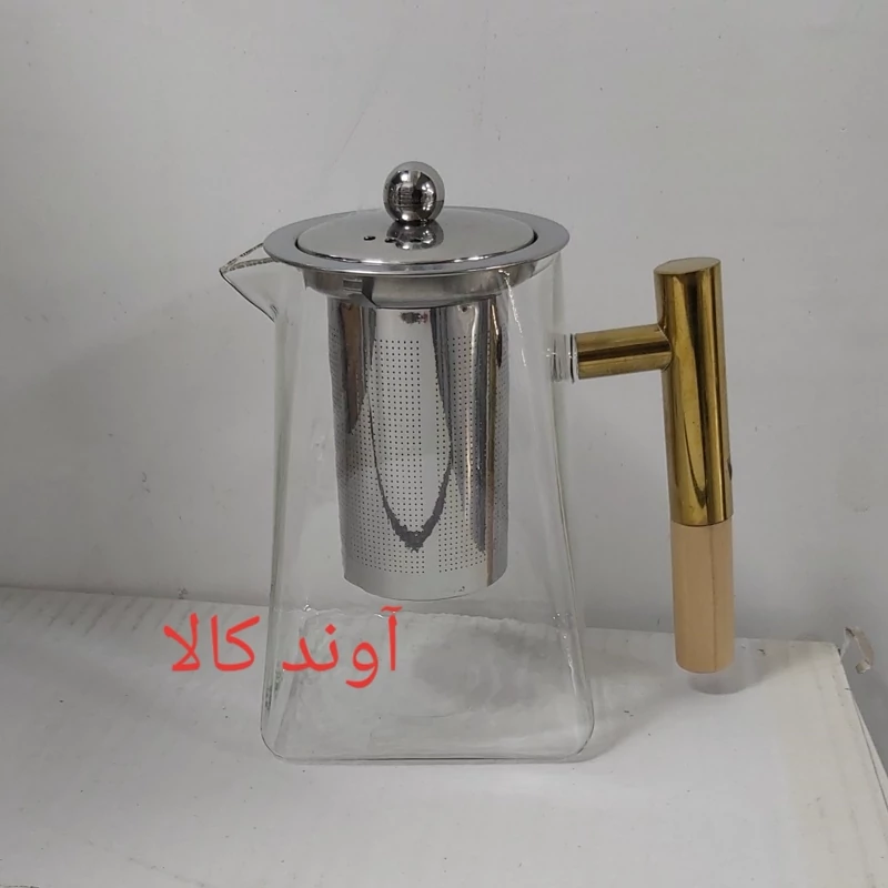 قوری شعله مستقیم اروپایی دسته استیل و چوب صافی دار750میلی لیتر پیرکس کف مربع