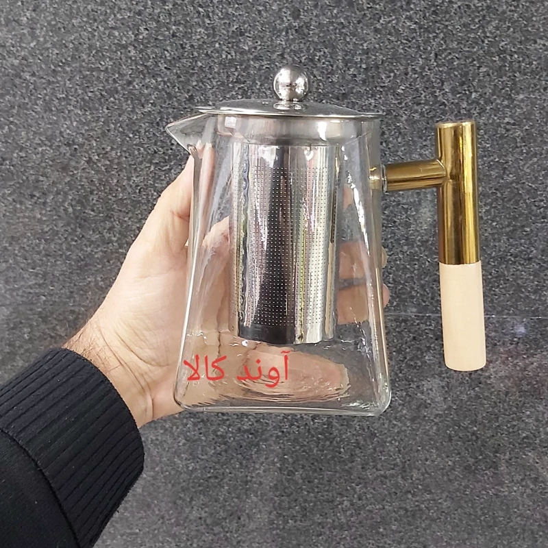 قوری شعله مستقیم اروپایی دسته استیل و چوب صافی دار750میلی لیتر پیرکس کف مربع