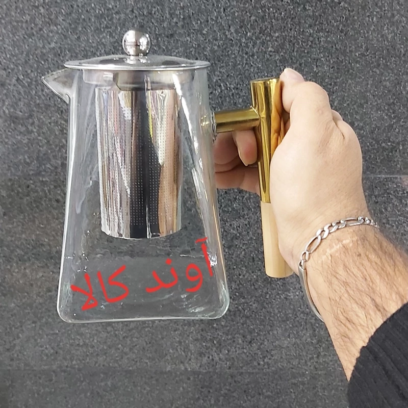 قوری شعله مستقیم اروپایی دسته استیل و چوب صافی دار950میلی لیتر پیرکس کف مربع