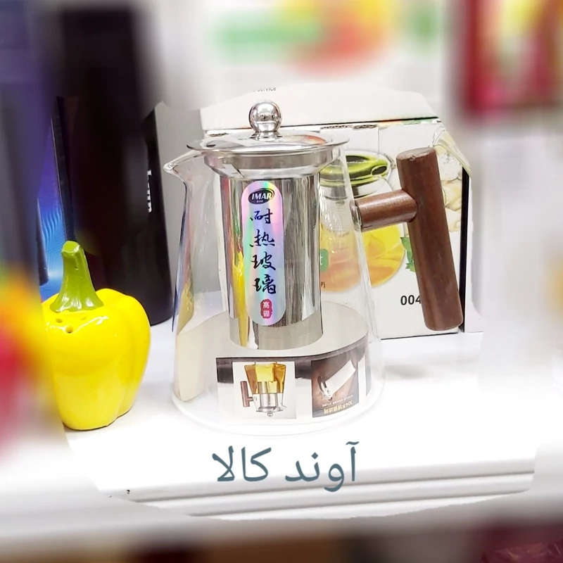 قوری شعله مستقیم اروپایی دسته چوبی صافی دار950میلی لیتر ضخیم پیرکس کف گرد