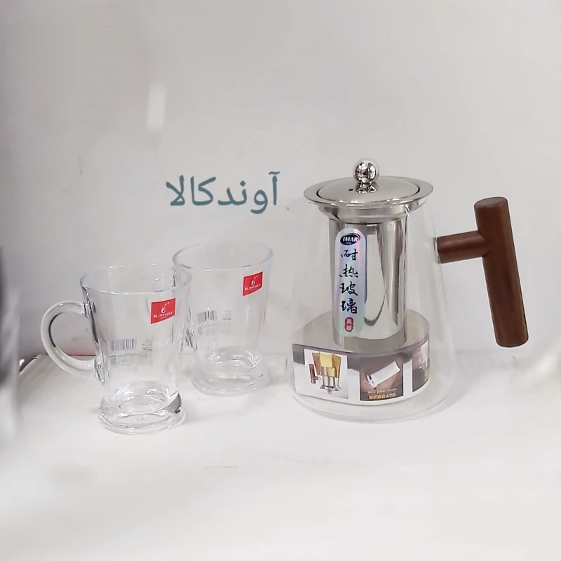 قوری شعله مستقیم اروپایی دسته چوبی صافی دار950میلی لیتر ضخیم پیرکس کف گرد