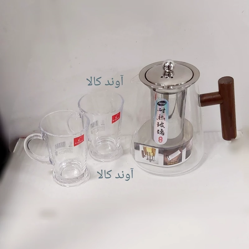 قوری شعله مستقیم اروپایی دسته چوبی صافی دار950میلی لیتر ضخیم پیرکس کف گرد