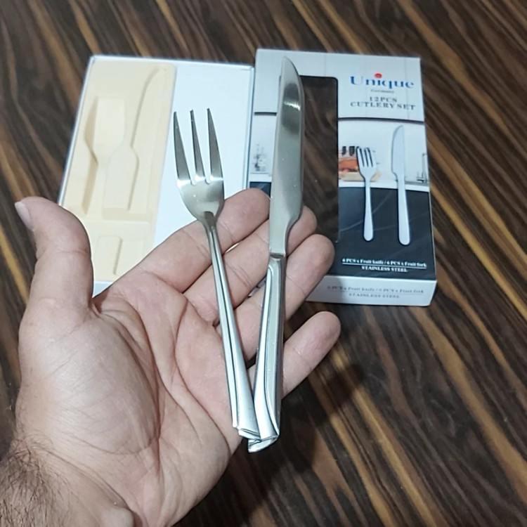 کارد و چنگال پذیرایی یونیک آلمان حک شده (6چاقو کارد میوه6 چنگال پذیرایی)طرح خط دار دسته یک تکه استیل.کارد چنگال جعبه ای