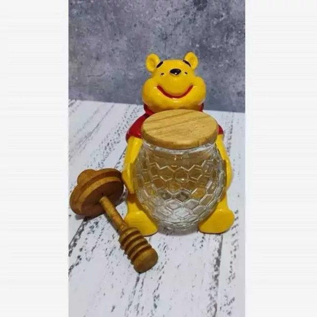 عسل خوری خرس پو ظرف و قاشق دار (دارای قاشق چوبی شیار دار عسل )