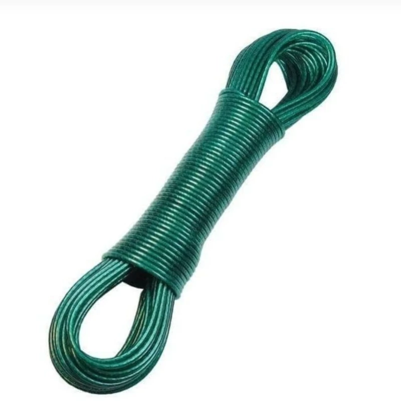 طناب بند رخت فلزی 20متری با روکش لاستیکی(سیم بکسل ریز بافته شده) قلاب دار- طناب سیمی بیست متری