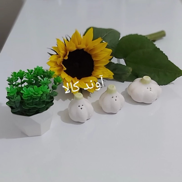 نمکدان 3 تایی طرح سیر سرامیکی سایز بزرگ نمکپاش فلفل پاش طرح سیر(مجموعه3عددی بدون استند)نمکپاش دکوری رومیزی