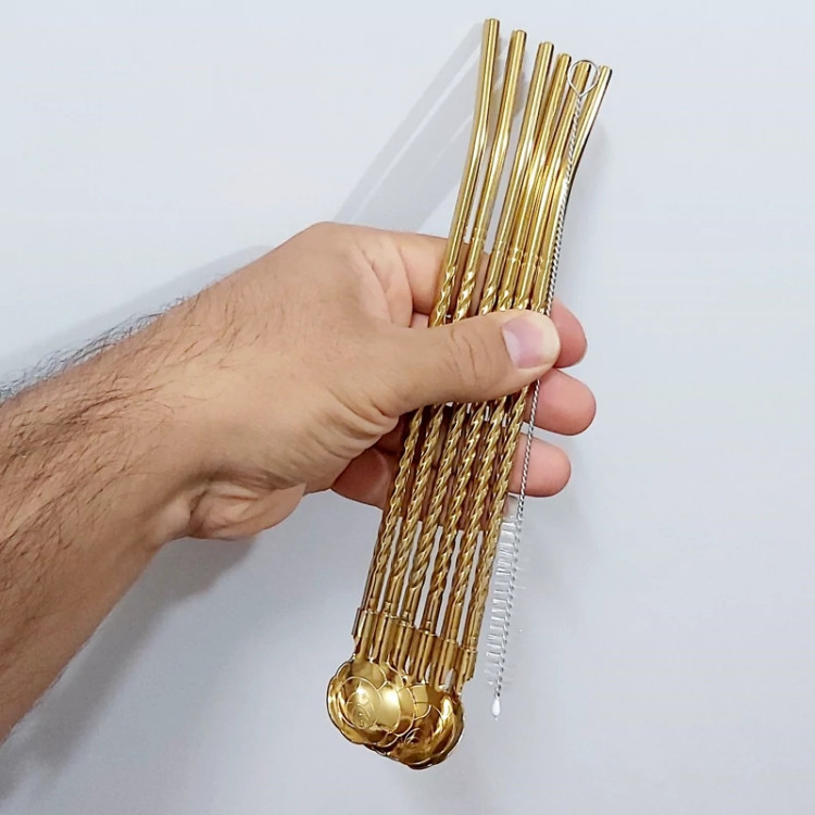 قاشق نی دار طلایی فرچه دار 6عددی شربت استیل نگیر وارداتی طرح گل رز رنگ ثابت(6تا)
