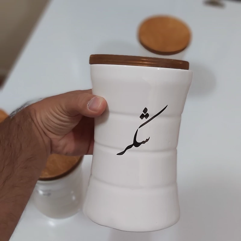 بانکه سرامیکی تکست با درب چوبی نوشته فارسی پاسماوری4 تیکه (قهوه شکر چای قند)