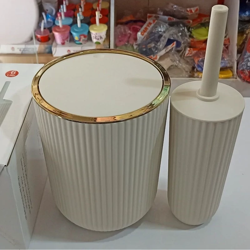 ست سرویس بهداشتی همارا مدل زبرا رنگ کرم طلایی 6 پارچه( سطل بادبزنی)