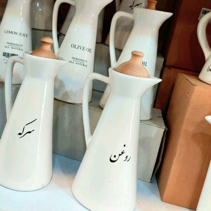روغن ریز سرامیکی درب چوبی  بطری روغن(ظرف روغن سرامیکی)سرکه آبلیمو روغن زیتون
