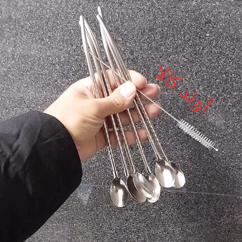 قاشق نی دار شربت و نوشیدنی فرچه دار طرح پیچی( 6 عدد) رنگ استیل با فرچه شست و شو