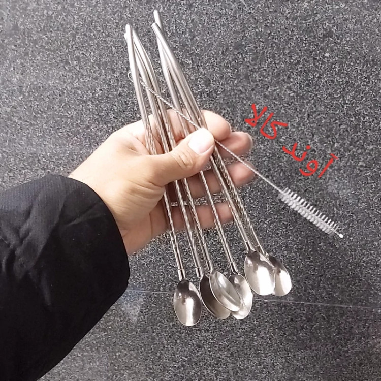 قاشق نی دار شربت و نوشیدنی فرچه دار طرح پیچی( 6 عدد) رنگ استیل با فرچه شست و شو