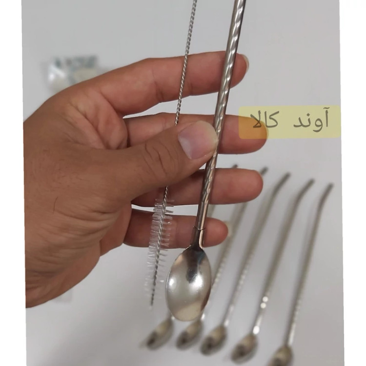 قاشق نی دار شربت و نوشیدنی فرچه دار طرح پیچی( 6 عدد) رنگ استیل با فرچه شست و شو