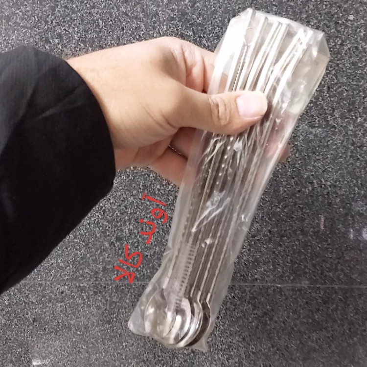 قاشق نی دار شربت و نوشیدنی فرچه دار طرح پیچی( 6 عدد) رنگ استیل با فرچه شست و شو