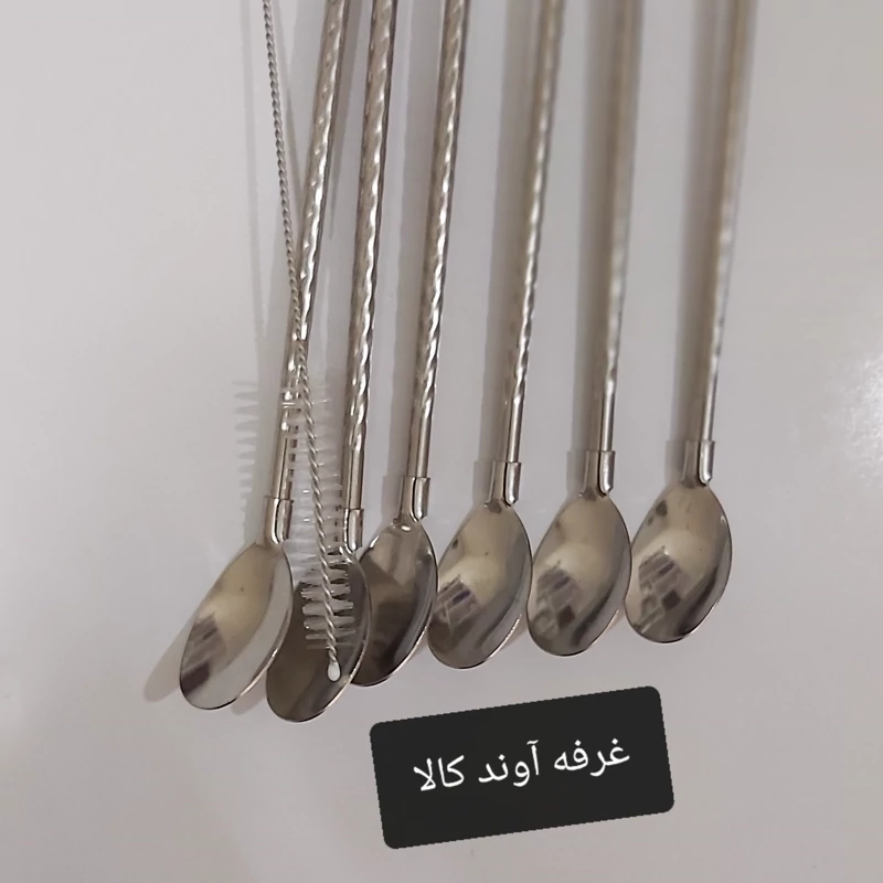 قاشق نی دار شربت و نوشیدنی فرچه دار طرح پیچی( 6 عدد) رنگ استیل با فرچه شست و شو