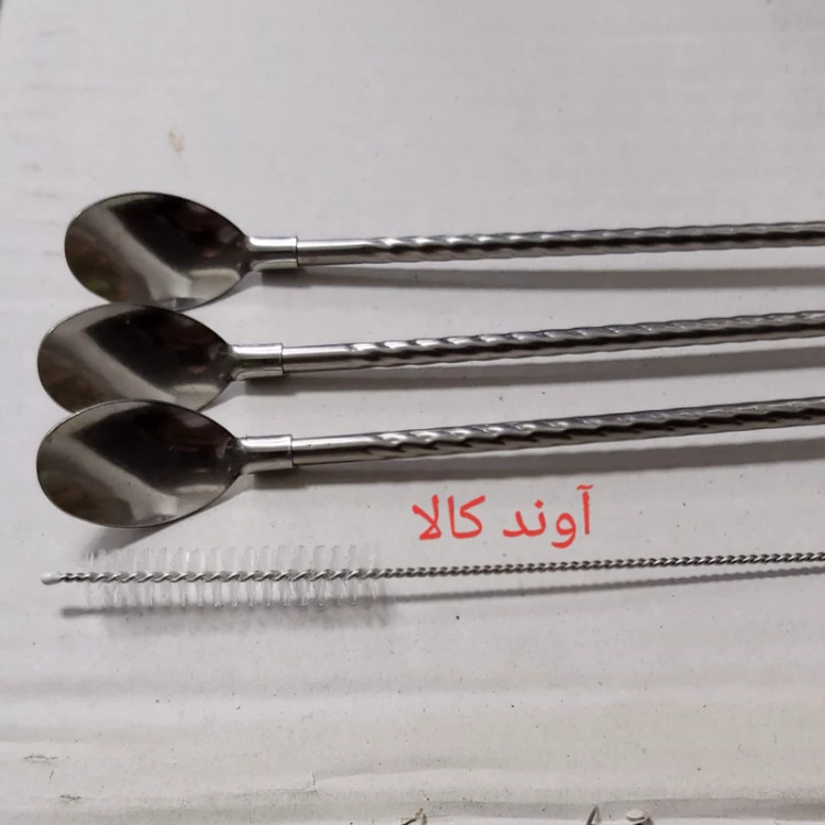 قاشق نی دار شربت و نوشیدنی فرچه دار طرح پیچی( 6 عدد) رنگ استیل با فرچه شست و شو