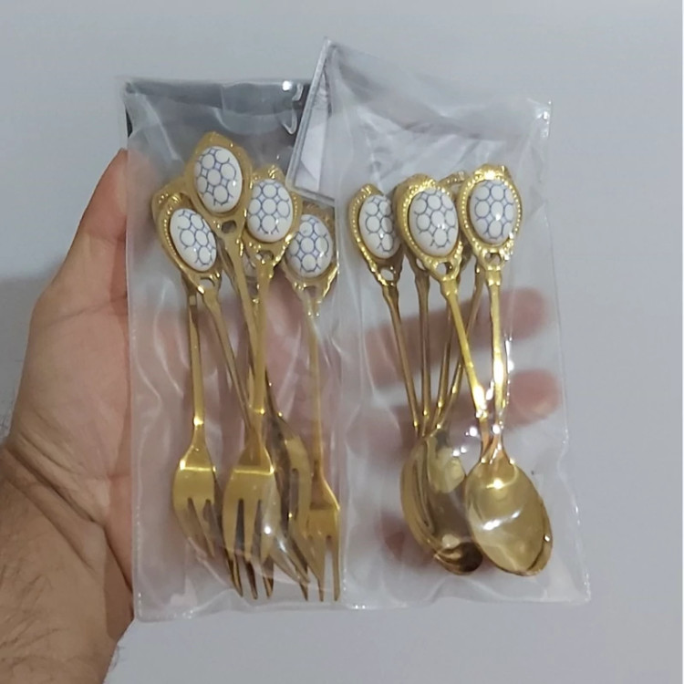 قاشق چنگال پذیرایی شربت و چایخوری طلایی طرح سنگ(6تایی) قاشق چایخوری طرح گل .