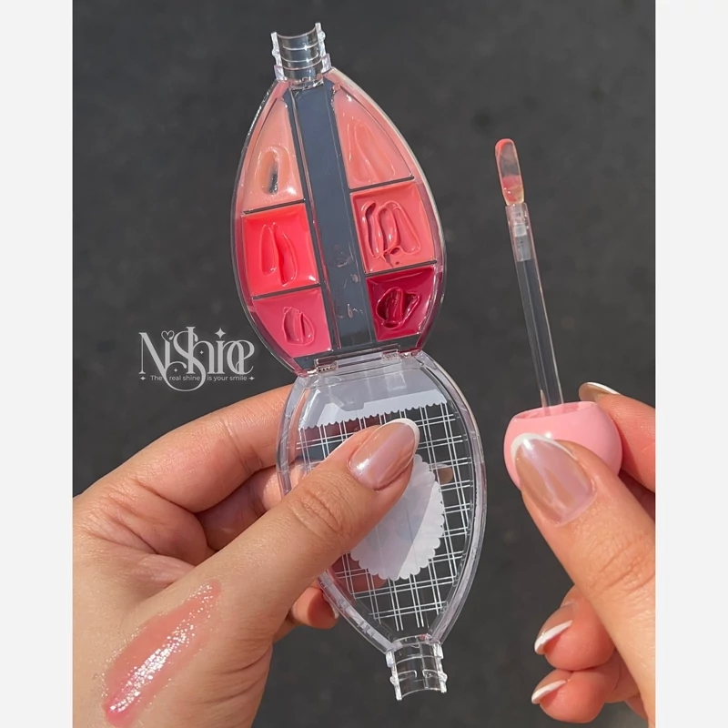 لاک لب برق لب شیشه ای کریستالی خیس پاپیونی پالت 6 رنگ بالم لب خیس کره ای خوشبو نرم کننده و آبرسان لبها
