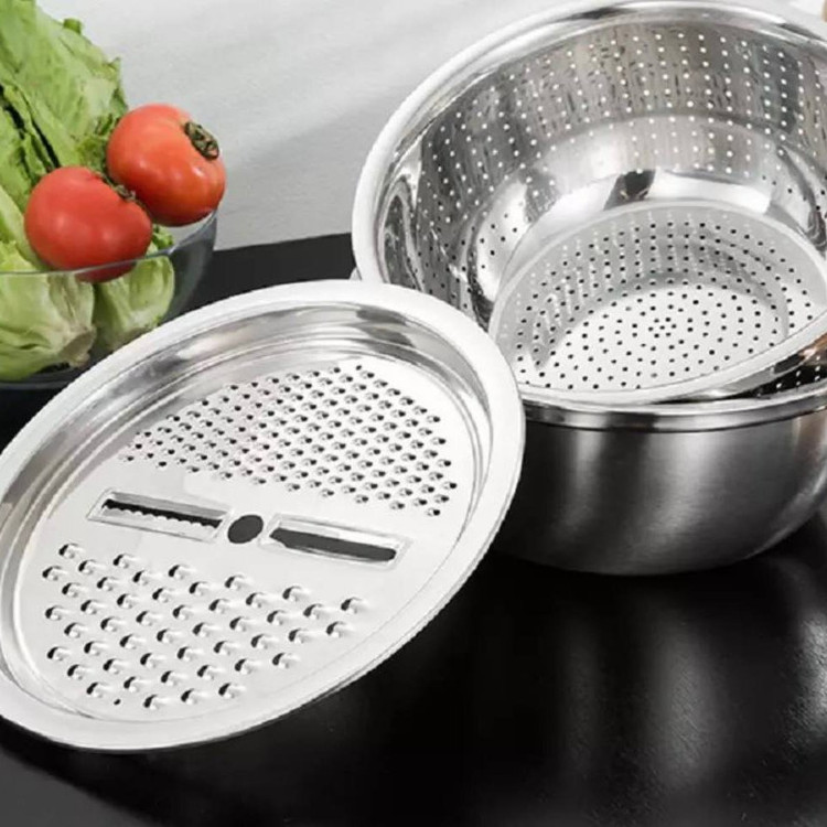 آبکش لگن و رنده استیل قطر26cm ست 3 پارچه کامل برند یونیکUniqe