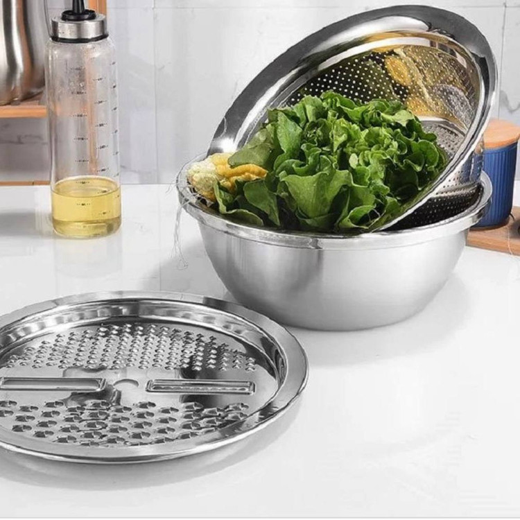 آبکش لگن و رنده استیل قطر26cm ست 3 پارچه کامل برند یونیکUniqe