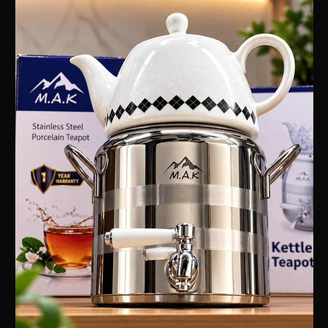 کتری قوری 3 لیتری شیردار M.A.K استیل و چینی (کتری3لیتر قوری 1 لیتر) .