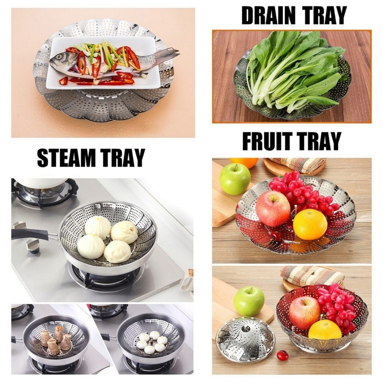 بخارپز استیل ضد زنگ قابل تنظیم پایه دار و دسته دار (تکی -یک عدد)قطر 22 سانت. توری بخارپز استیل تاشو