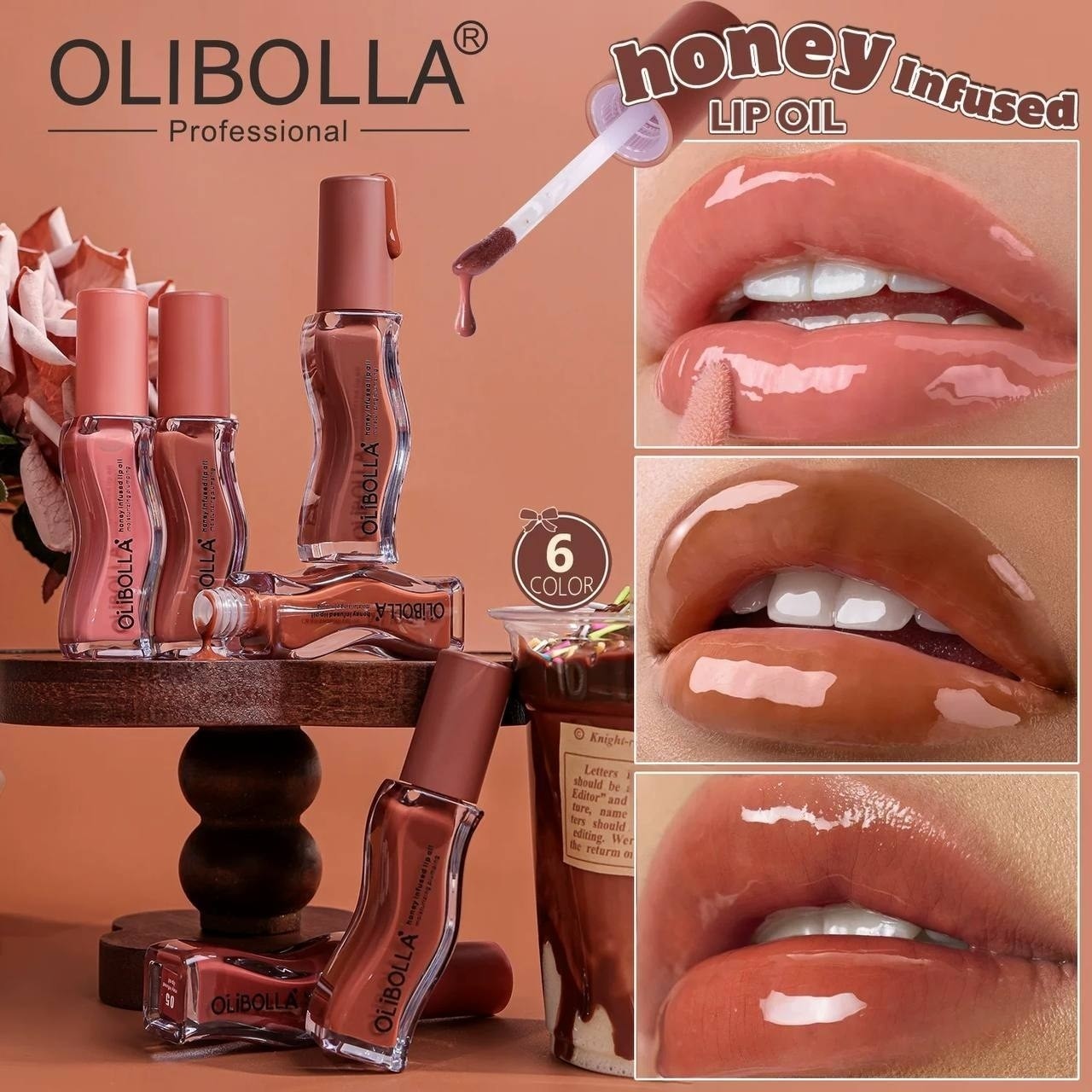 لیپ گلاس دوپ گیسو برند Olibolla پینترستی پرنسسی رنگبندی عالی خوشبو جذاب و دلبر لیپگلاس گیسو قهوه ای شکلاتی نود برق لب